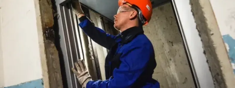 technician adjusting elevator door mechanisms