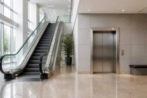 escalator vs elevator comparison showing a modern escalator and an elevator entrance side by side in a public building