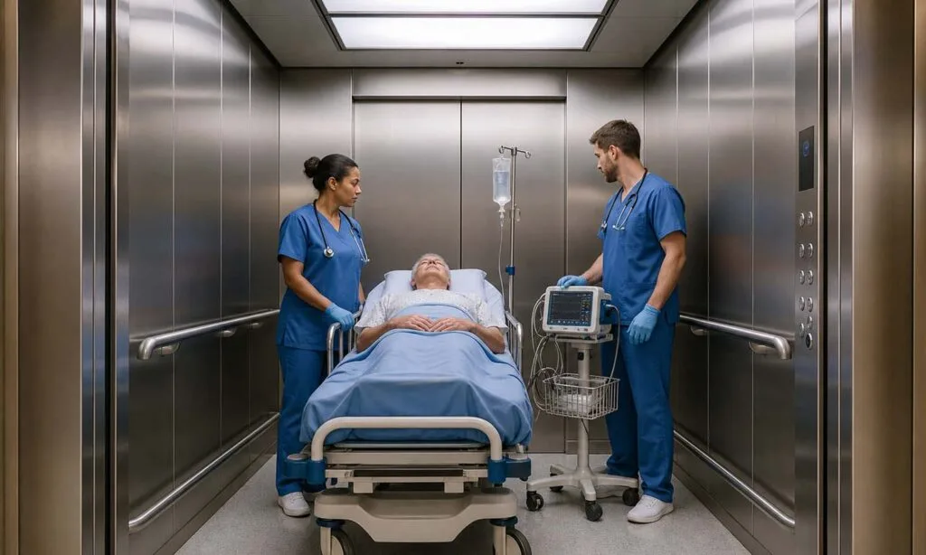 cabina de elevador de hospital com um doente, um suporte para soro e monitores médicos
