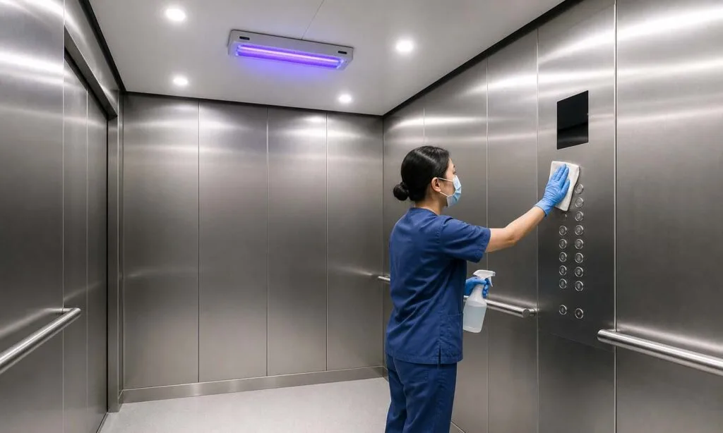 Interior de um elevador de hospital a ser limpo, com paredes em aço inoxidável e uma unidade de desinfeção por raios UV