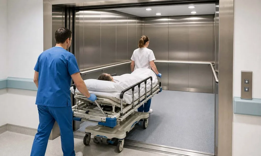 equipa médica a levar uma maca para dentro da cabina do elevador de um hospital