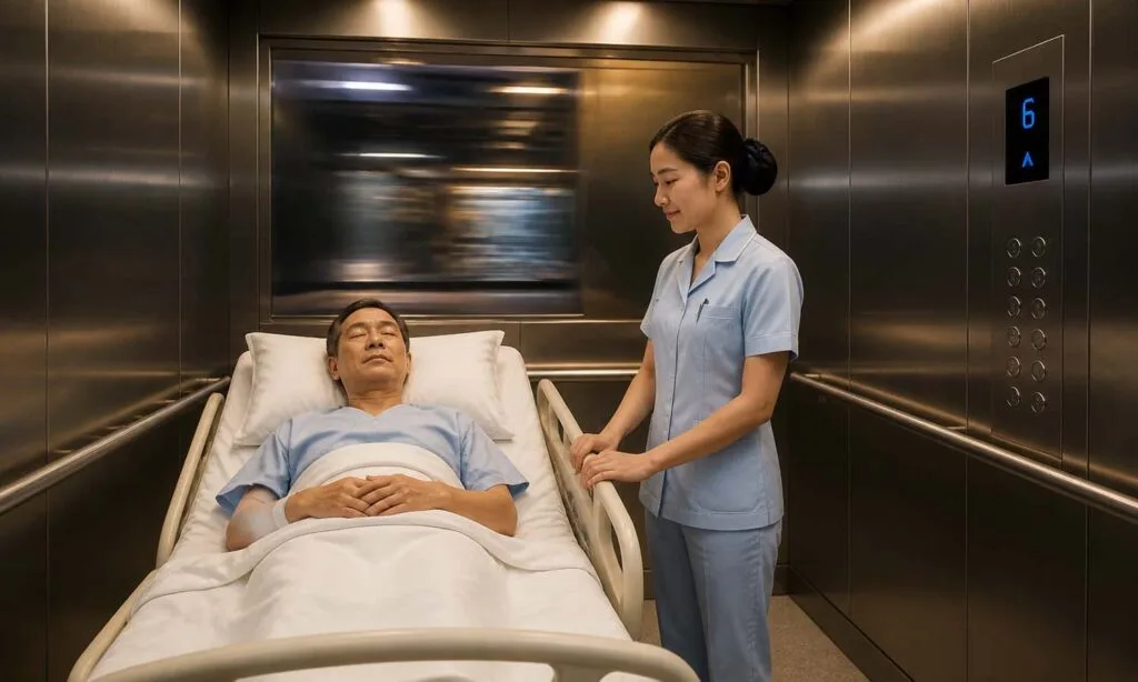 paciente numa cama de hospital a ser transportado num elevador silencioso e suave do hospital