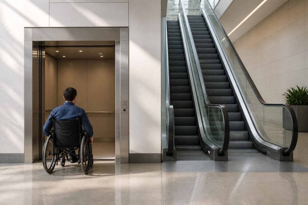 エスカレーターが空いているにもかかわらず、車いす利用者がエレベーターに乗り込む様子。これは、アクセシビリティの観点から、エスカレーターがエレベーターの代わりにはなり得ない理由を示している。