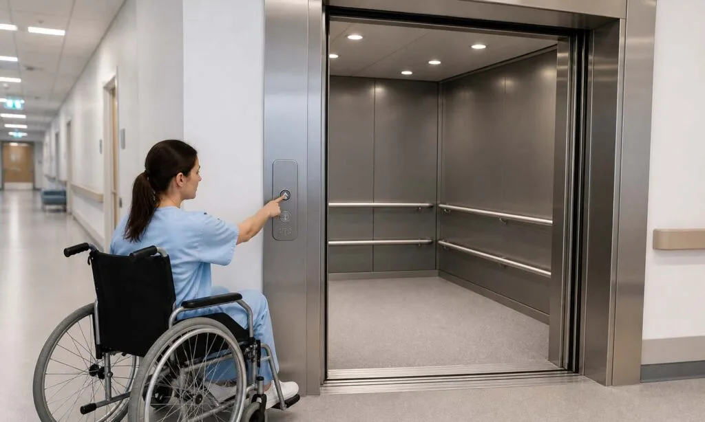 utilizador de cadeira de rodas a premir o botão de chamada de um elevador adaptado ao nível do piso de um hospital