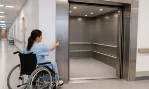 wheelchair user pressing an accessible elevator call button at hospital floor level