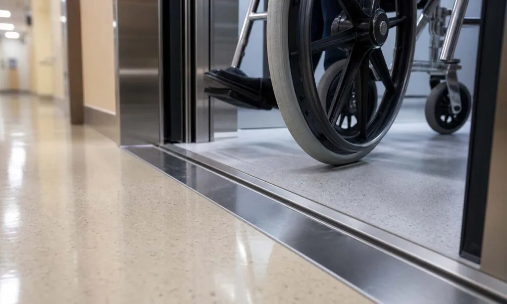 roda de cadeira de rodas a rolar suavemente sobre o limiar nivelado de um elevador de hospital