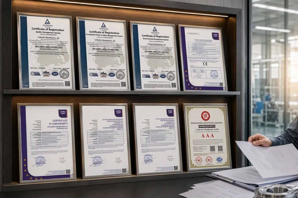 lj elevator certification display featuring eight framed quality, environmental, safety and compliance certificates