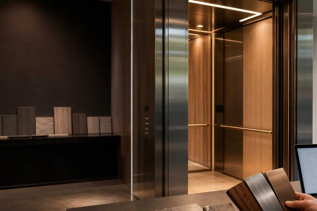 lj elevator engineers reviewing elevator cabin materials and customized design options in a studio