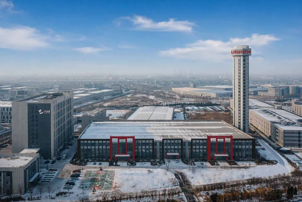 lj elevator factory campus and headquarters tower viewed from above in winter