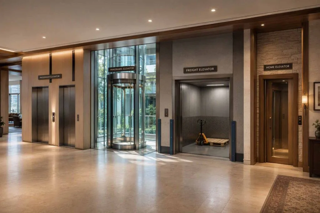 lj elevator solutions shown in a modern building with passenger, panoramic and residential elevator applications