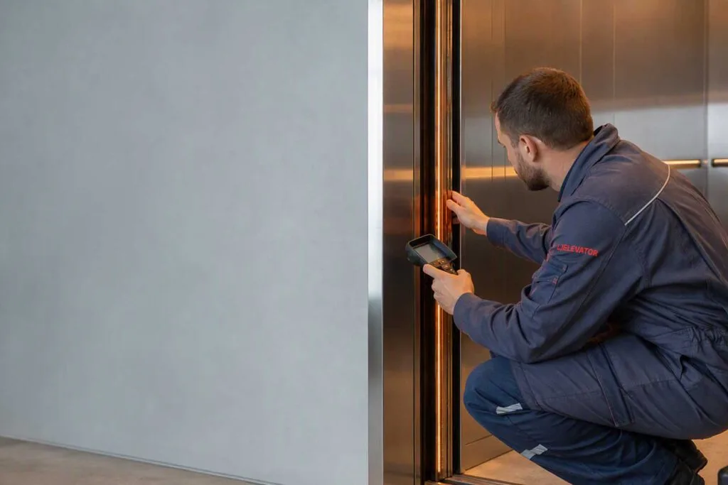 lj elevator technician inspecting elevator door sensors while wearing branded workwear